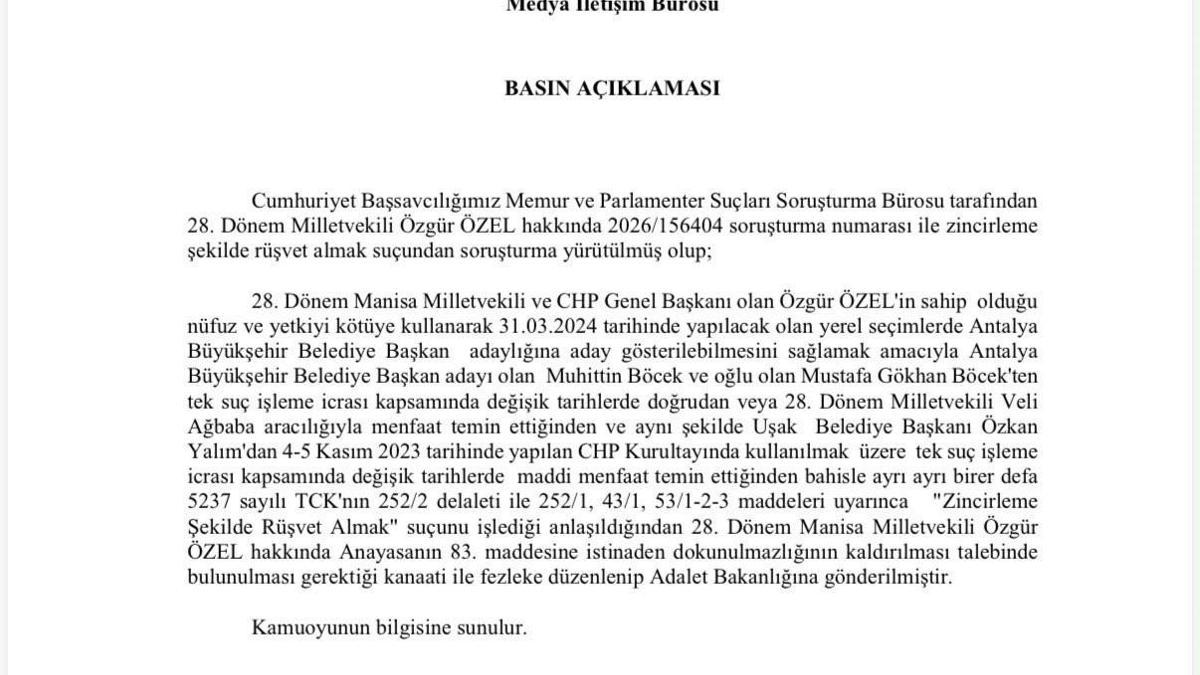 Özgür Özel'in dokunulmazlığının kaldırılması için hazırlanan fezleke Adalet Bakanlığı’na gönderildi haber görseli