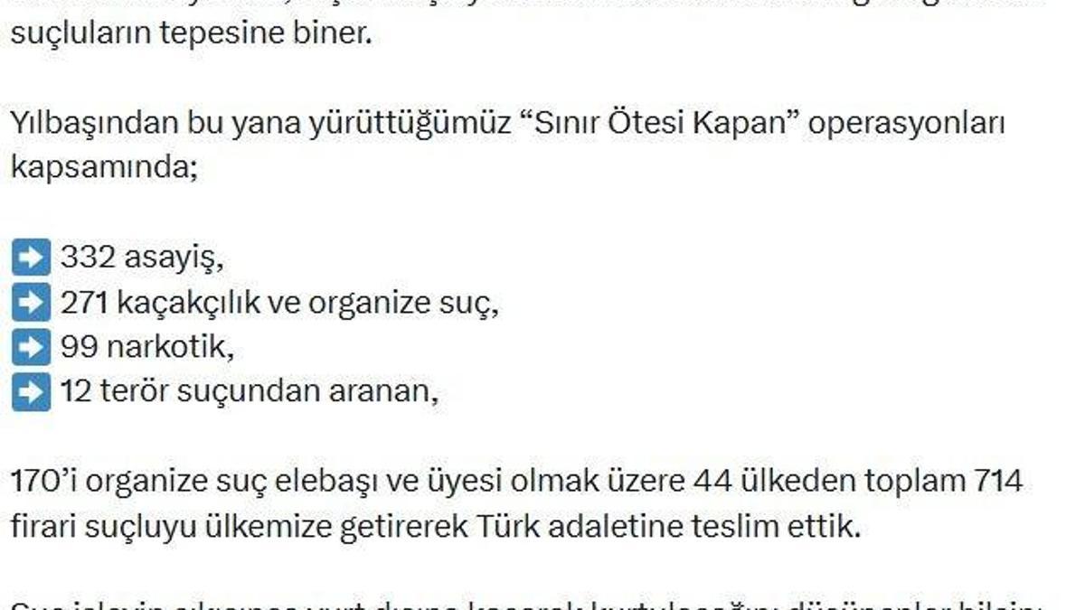 Bakan Çiftçi: 'Sınır Ötesi Kapan' operasyonlarında 714 firari suçlu yakalandı haber görseli