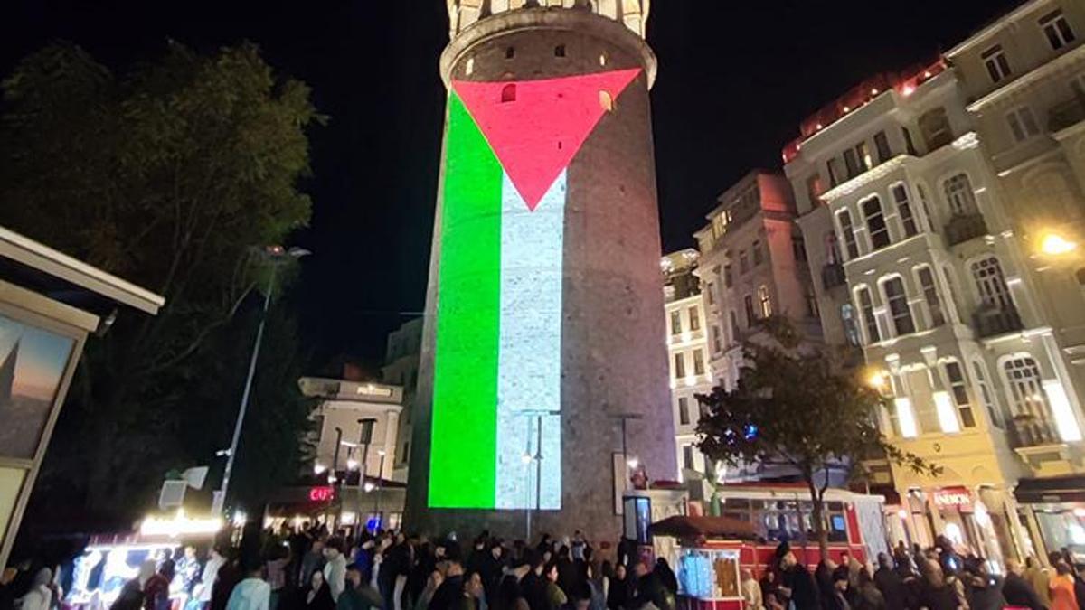 İstanbul'un kalbinde Filistin için tek yürek! Galata Kulesi Filistin bayrağıyla aydınlandı
