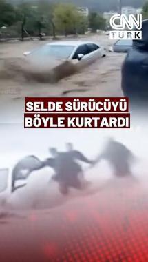 İstanbul'da Selde Sürücüyü Böyle Kurtardı! Araçta Mahsur Kalan Sürücüye Esnaf Yardım Etti