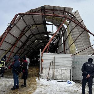 Çatıda biriken kar nedeniyle ahır çöktü, hayvanları kurtarmak için çalışma başlatıldı