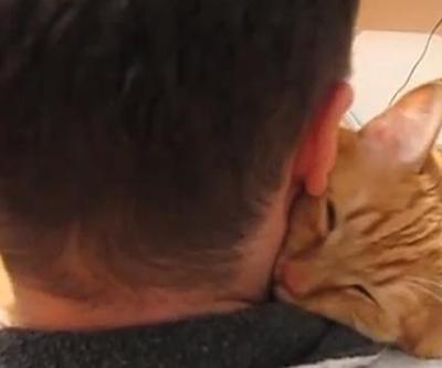 Sahibine sarılan kedi yürekleri dağladı