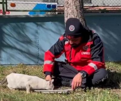 UMKE personeli, sokak kedisi ile yemeğini paylaştı