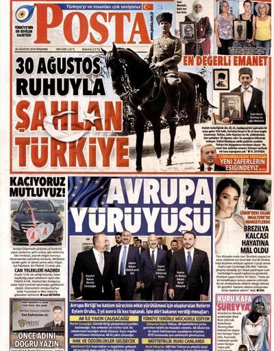 30 Ağustos 2018 - Gazetelerin birinci sayfaları