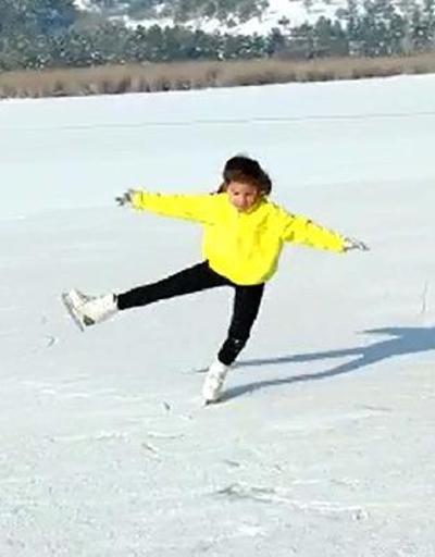 6 yaşındaki Umaydan buz tutan Eymir Gölünde paten şovu