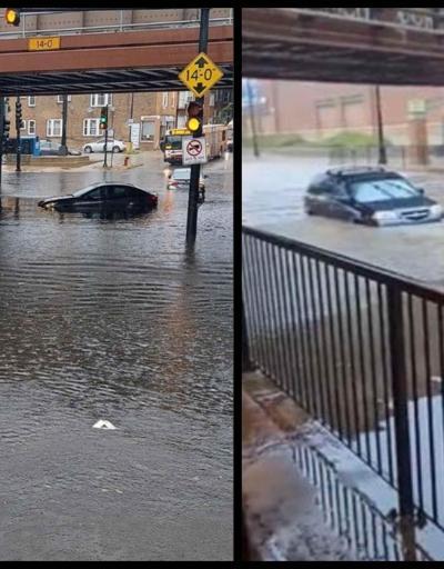 Rüzgârlı şehir Chicagoda şiddetli yağış: Rögar patladı, caddeler sular altında kaldı