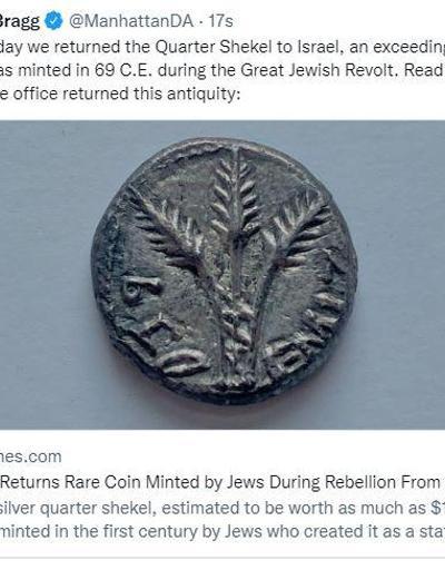 D﻿efineciler yağmalamıştı...1 milyon dolar değerindeki tarihi gümüş para, 20 yıl sonra İsraile döndü