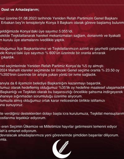 Konyada, YRP İl Başkanı istifa etti