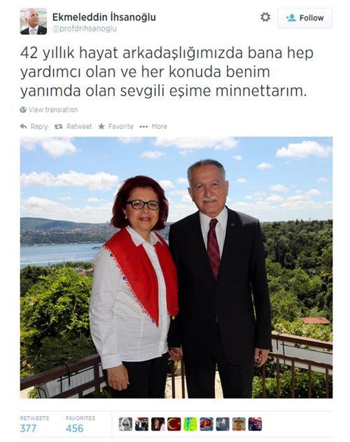 Çatı aday İhsanoğlu eşine Twitterdan teşekkür etti