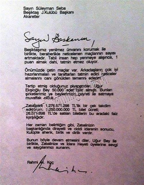 Rahmi Koçun Süleyman Sebaya mektubu