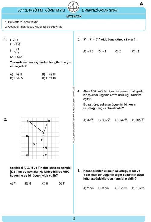 TEOG 8. sınıf 2. dönem Matematik soru ve cevapları