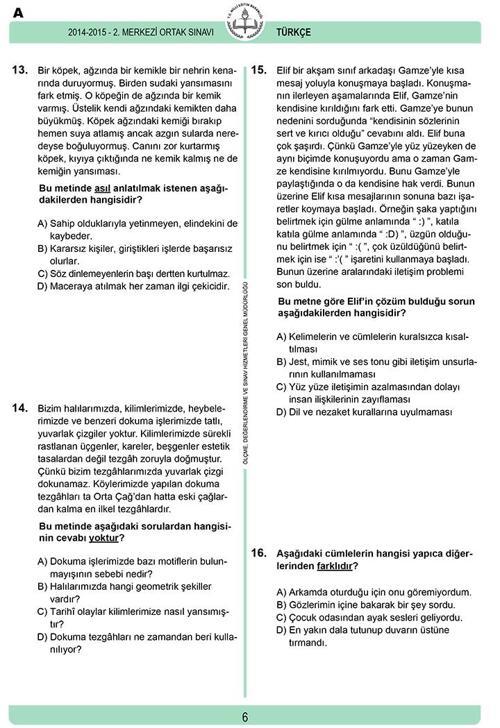 TEOG  8. Sınıf 2. Dönem Türkçe sınav soru ve cevapları