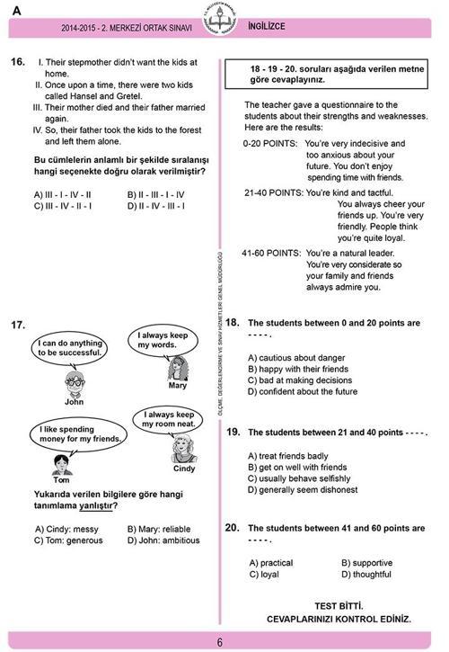TEOG 8. Sınıf 2. Dönem İngilizce soru ve cevapları