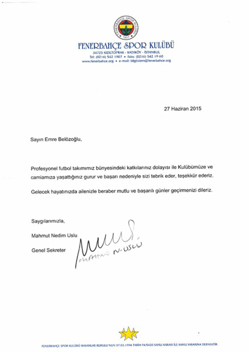 Fenerbahçeden Emre Belözoğluna teşekkür mektubu