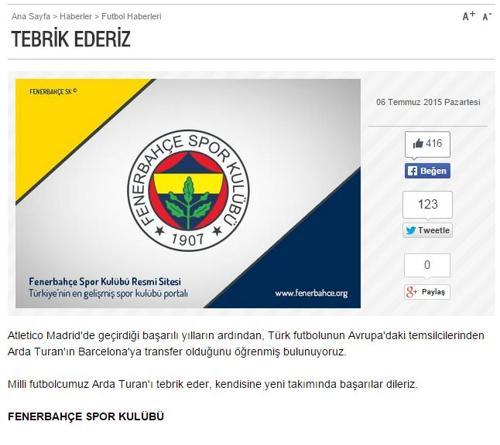 Fenerbahçeden Arda Turana tebrik