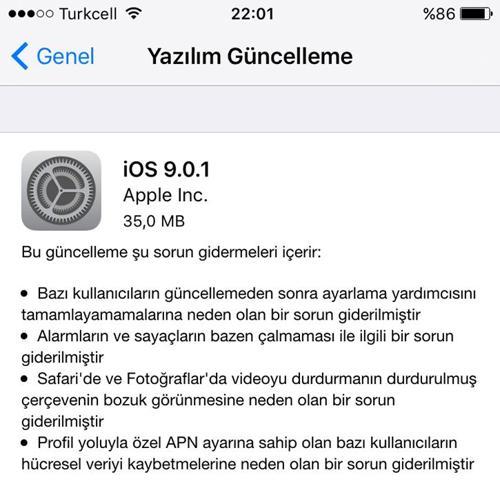 iOS 9.0.1 güncellemesi çıktı