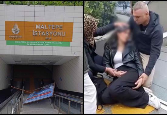 Metro durağında ölümden döndü: Yürüyen merdivenlerde üzerine reklam panosu düştü