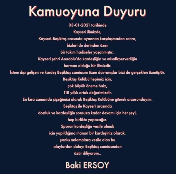 Baki Ersoy Beşiktaştan özür diledi