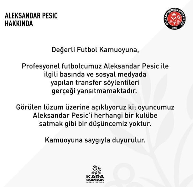 Fenerbahçenin istediği Aleksandar Pesic için açıklama