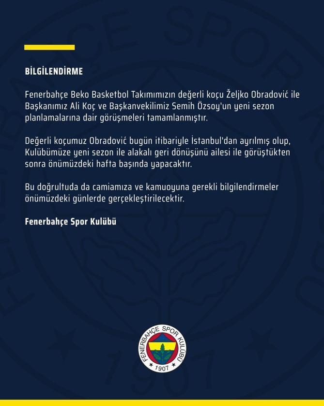 Fenerbahçeden resmi Obradovic açıklaması