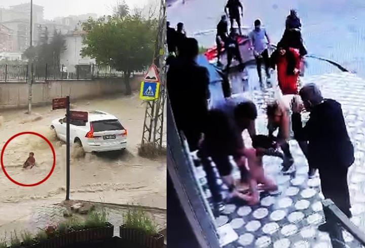 Yer Ankara Sel sularına kapılan 2 çocuk arabanın altından böyle
