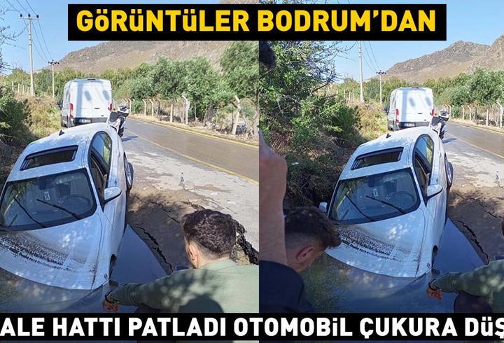 Görüntüler Bodrum'dan! İsale hattı patladı otomobil çukura düştü