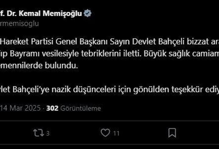 Bahçeli'den Bakan Memişoğlu'na tebrik telefonu