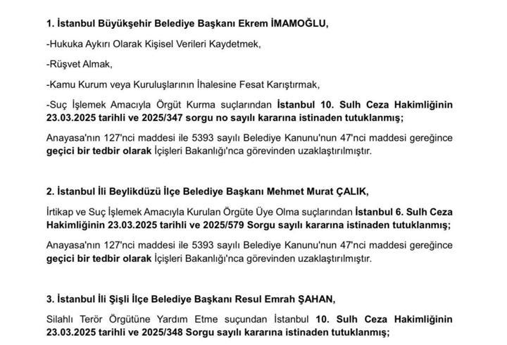 İçişleri: İmamoğlu ve 2 ilçe belediye başkanı görevden uzaklaştırıldı
