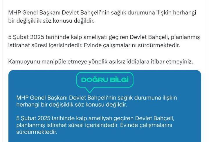 İletişim Başkanlığı: 'Devlet Bahçeli entübe edildi' iddiası doğru değil