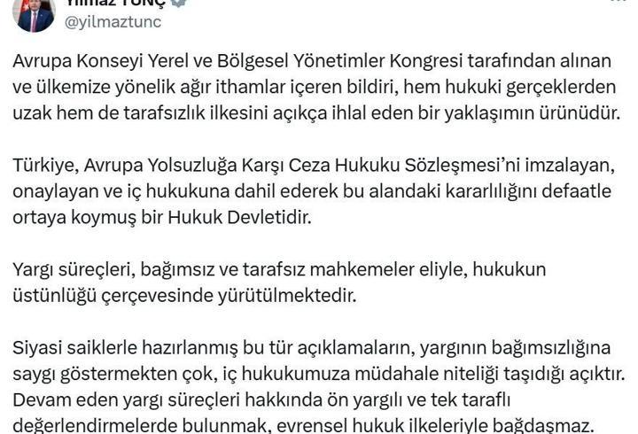 Bakan Tunç'tan, Avrupa Konseyi bildirisine tepki