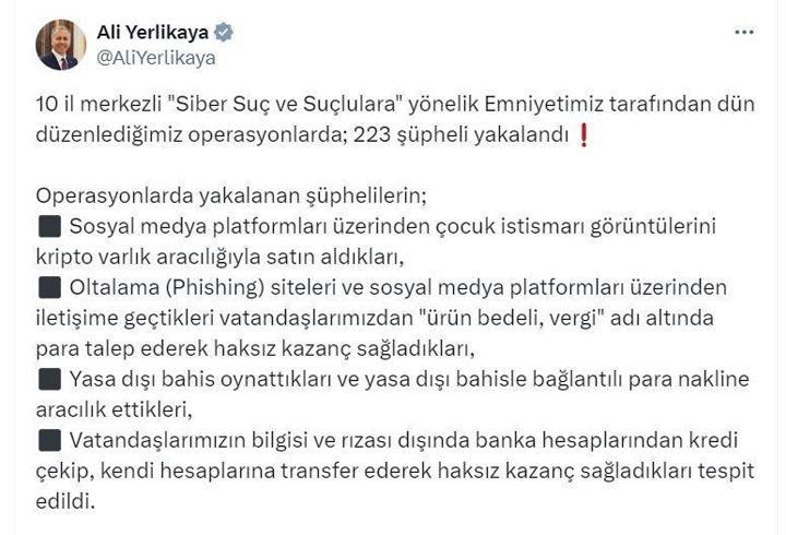 31 ilde siber suçlulara yönelik operasyon; 223 gözaltı