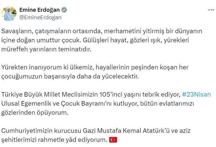 Emine Erdoğan'dan '23 Nisan' mesajı