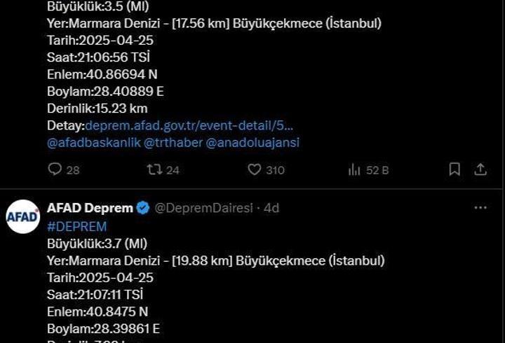 İstanbul'da 1 dakikada 2 deprem