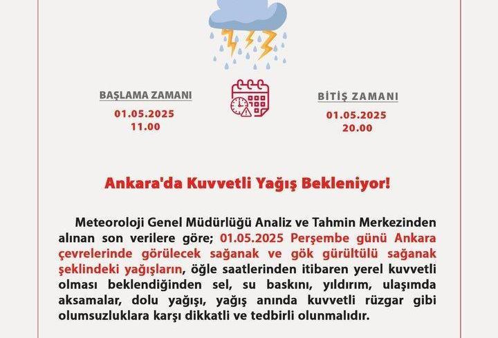 Ankara Valiliği'nden 1 Mayıs için 'sağanak' uyarısı