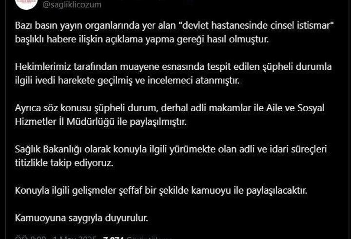 Bakanlıktan, 'devlet hastanesinde cinsel istismar' iddiasına ilişkin açıklama