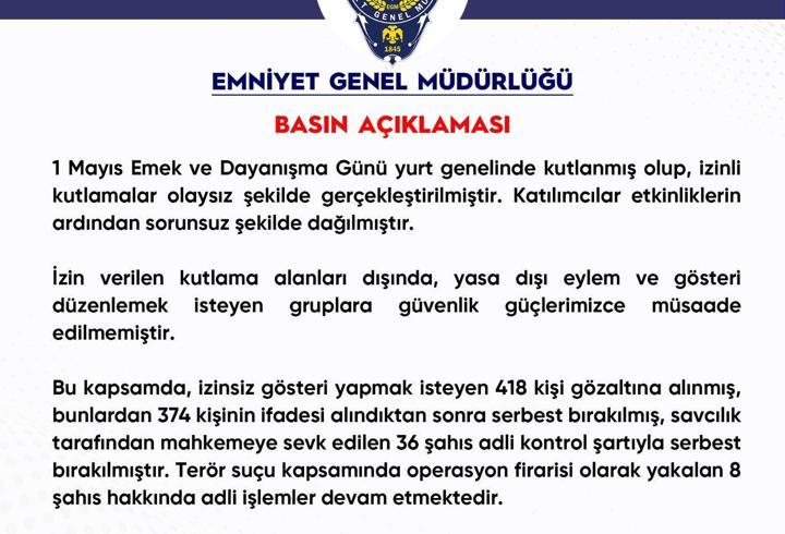 1 Mayıs'ta Gözaltına Alınanların Sayısı Açıklandı