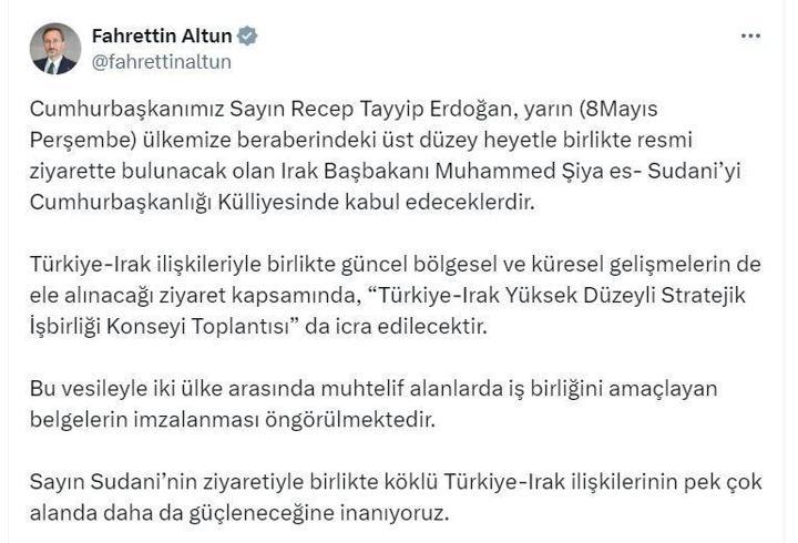 Cumhurbaşkanı Erdoğan, Irak Başbakanı Sudani'yi ağırlayacak