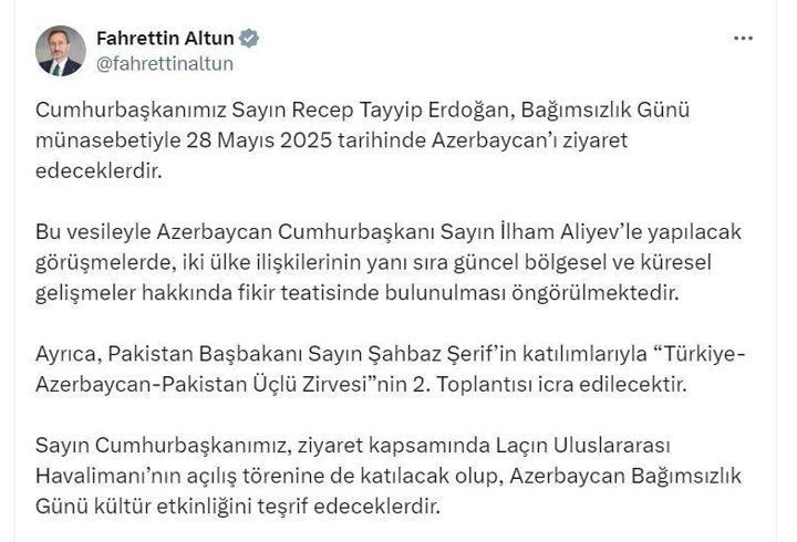 Cumhurbaşkanı Erdoğan, yarın Azerbaycan'a gidecek