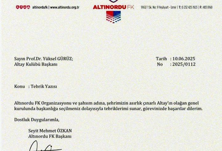 Altınordu Başkanı Özkan'dan Altay Başkanı Gürüz'e tebrik mesajı