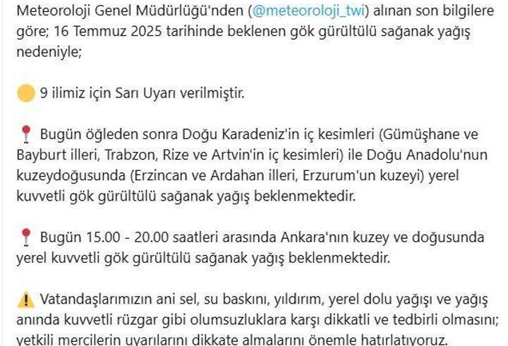 İçişleri Bakanlığı'ndan 9 il için 'sağanak' uyarısı