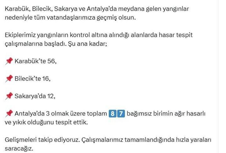 Bakan Kurum: 4 ildeki orman yangınında 87 bağımsız birim hasar aldı