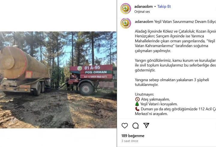 Adana'daki orman yangınlarına ilişkin 3 tutuklama