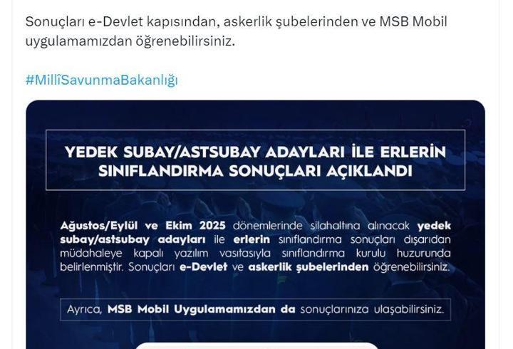 MSB: Erlerin sınıflandırma sonuçlarının açıklandı