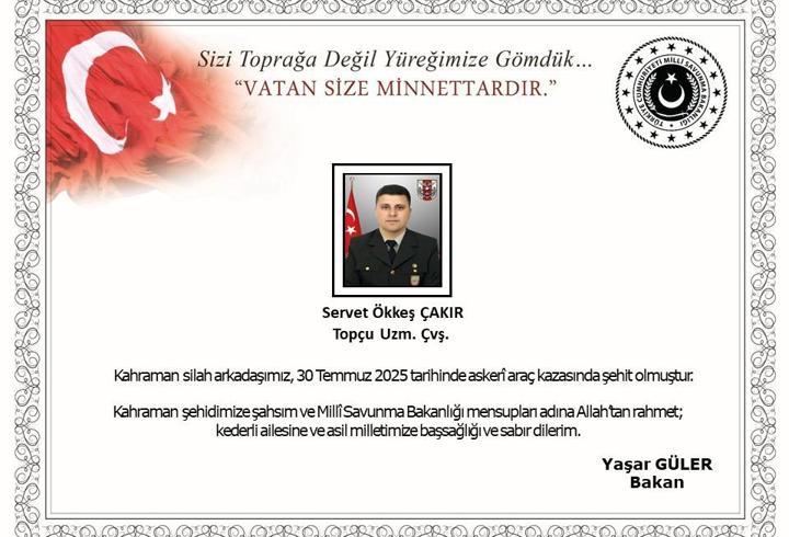 MSB: Edirne’de askeri araç kazasında 1 silah arkadaşımız şehit oldu