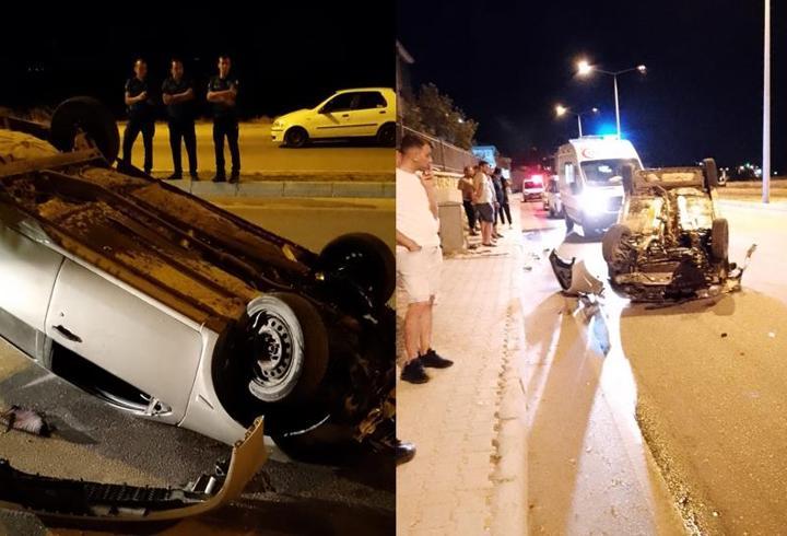 Tilkiye çarpmamak için manevra yapan araç takla attı
