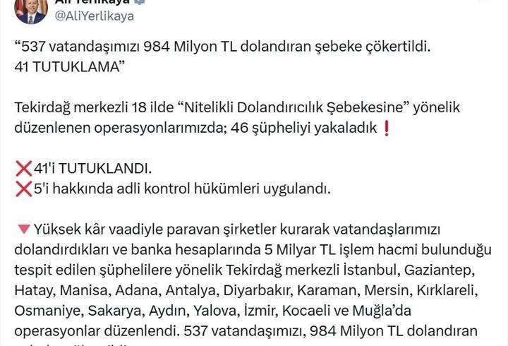 Tekirdağ merkezli 18 ilde dolandırıcılık operasyonu; 41 tutuklama