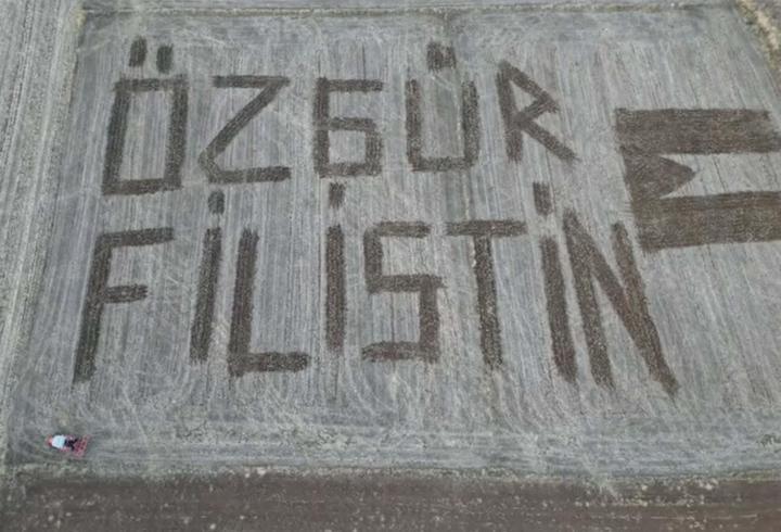 Traktör ile tarlalarına 'Özgür Filistin' yazdılar