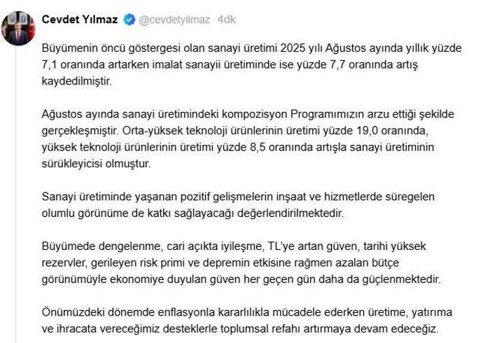 Cevdet Yılmaz: Sanayi üretimi, programımızın arzu ettiği şekilde gerçekleşti