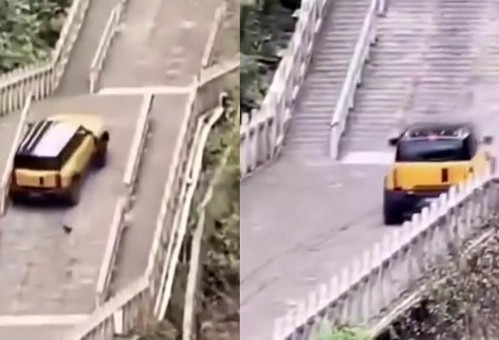 İddialı otomobil testi ters tepti! Tianmen Dağı’ndaki merdivenleri tırmanırken, tarihi yapıya zarar verdi...