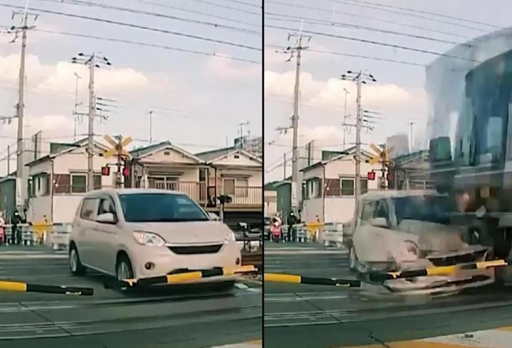 Japonya’da otomobili tren biçti! İşte o anlar...